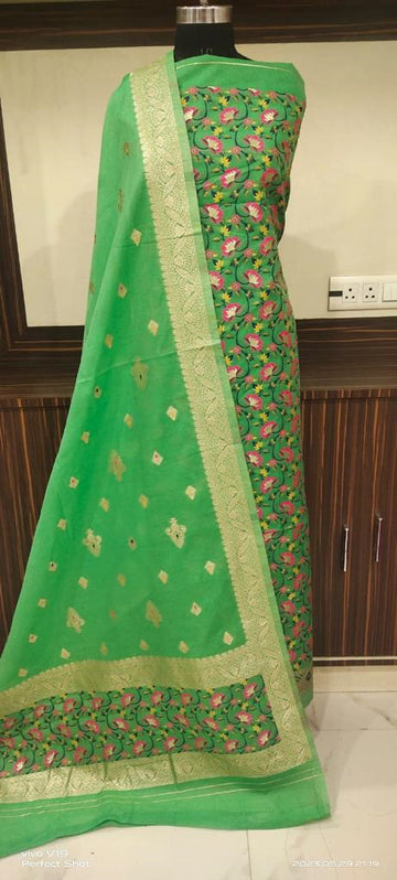 Parrot green base color with floral weaving unstiched mulberry benarasi cotton 3 pcs suit