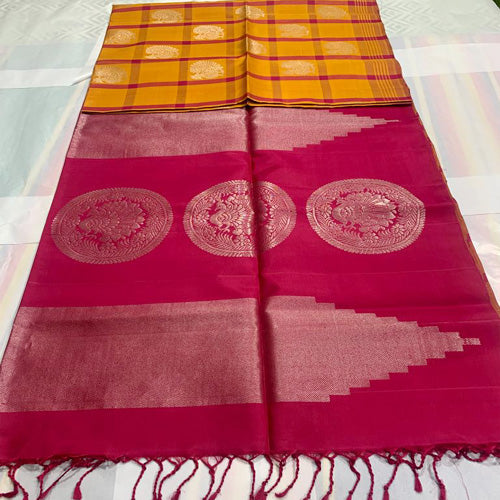 Soft Silk Saree Mustard Yellow with Pink & Golden Pallu - Sarikart Online