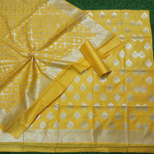 Yellow color unstitched  banarasi cotton 3 pcs suit - Sarikart Online
