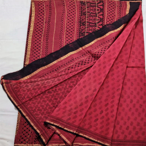 Red1 hand block bagh print Chanderi cotton silk saree