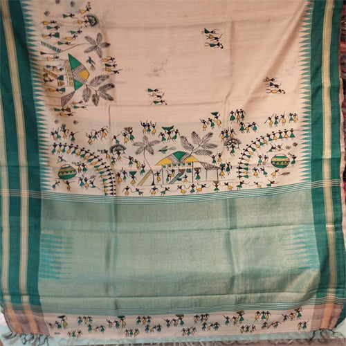 Cream body1 kosa silk hand paint tribal art saree - Sarikart Online