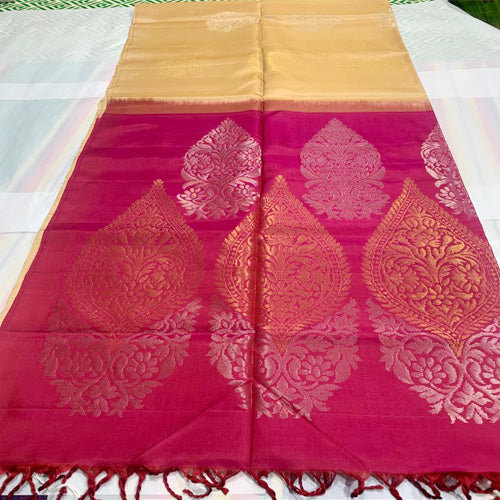 Soft Silk Saree  Yellow with Pink Pallu - Sarikart Online