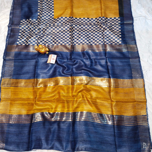 Mustard body Ghicha with royal blue border tusar ghicha saree - Sarikart Online