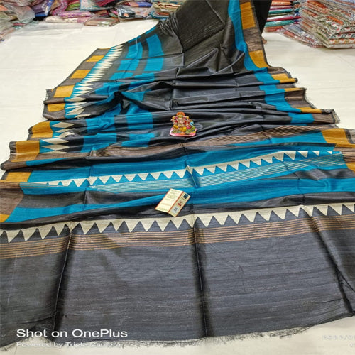 Black body with mustard & coffee border tusar ghicha saree - Sarikart Online