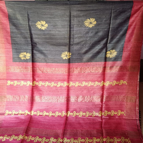 Black body with red1 border tusar ghicha saree - Sarikart Online