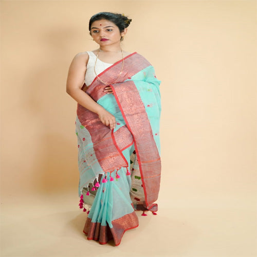 Light blue pure mercerized cotton saree with bp - Sarikart Online