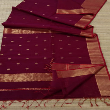 Maroon color saree with flower buti work with golden zari border
