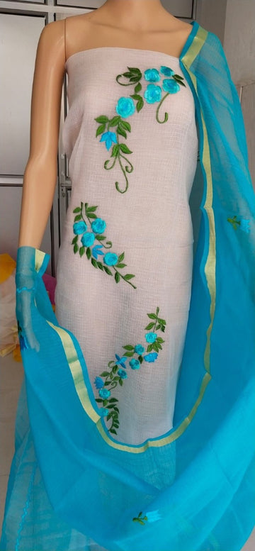 White top with blue dupatta Kota doria Embroidered suit