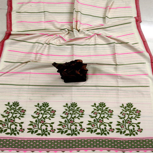 Cream color pure masrised cotton jamdani sarees with bp