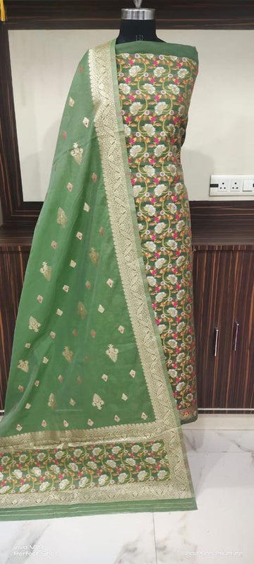 Green base color with floral weaving unstiched mulberry benarasi cotton 3 pcs suit