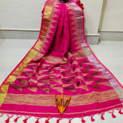 Dark pink color pure linen karat par saree with bp