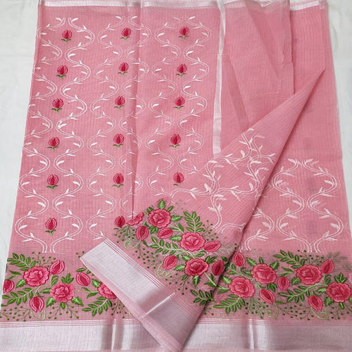 Pink color Kota doria embroidery saree