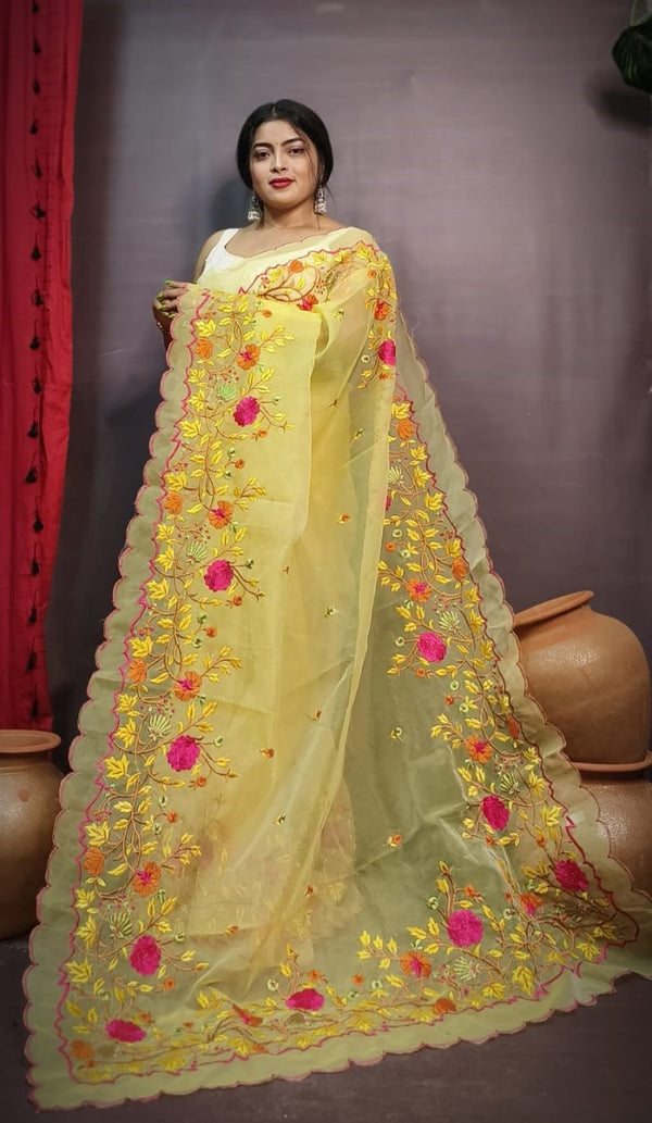 Yellow color organza embroidery saree