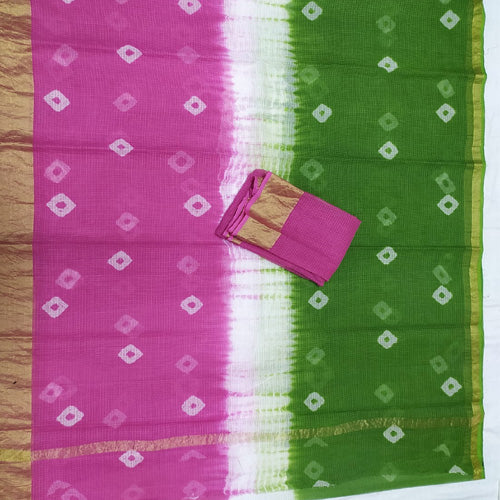 Pink, green & white Cotton Kota Doria saree with Zari Line Border with running blouse - Sarikart Online