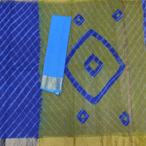 Royal Blue full bodied Cotton Kota Doria saree with green color pallu with Zari Line Border with running blouse - Sarikart Online