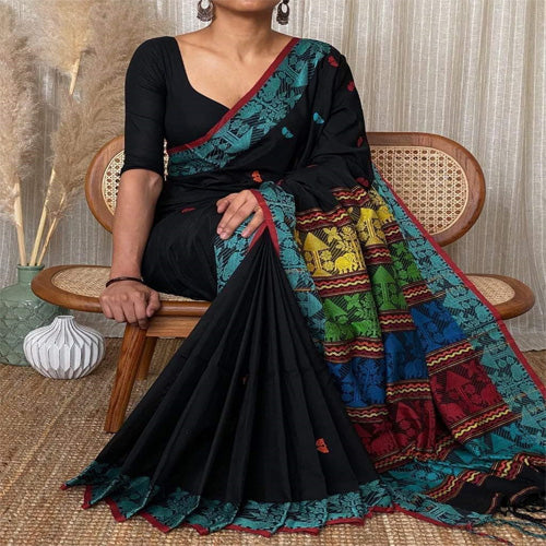 Black color Khadi handloom cotton saree