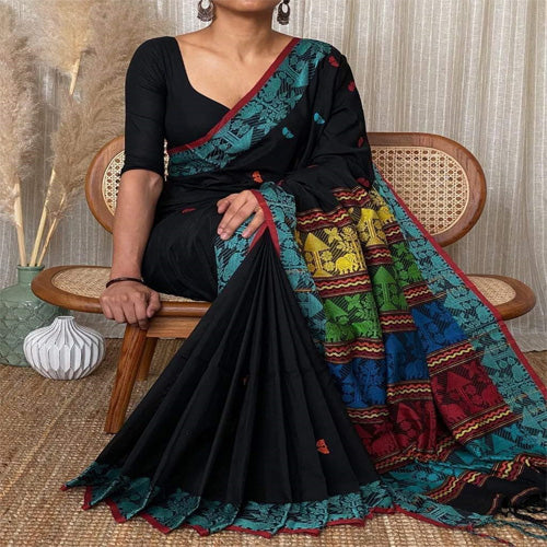 Black color Khadi handloom cotton saree - Sarikart Online