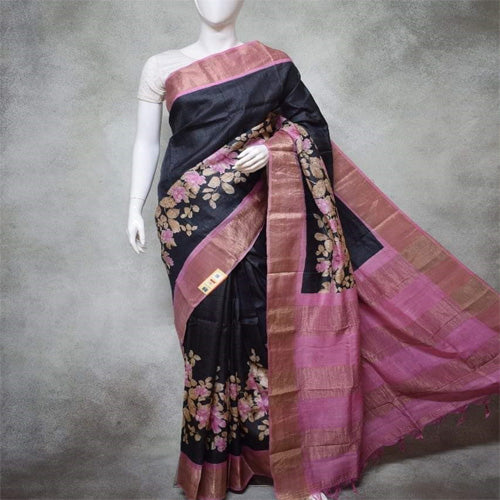 Black body Ghicha with pink border tusar ghicha saree - Sarikart Online