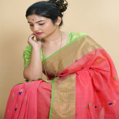 Peach color pure mercerized cotton saree with bp - Sarikart Online