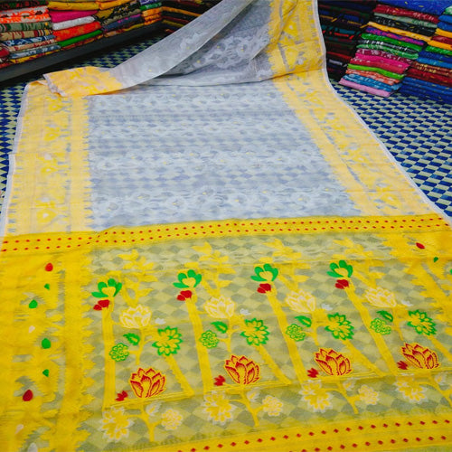 White & Yellow Jamdani - Sarikart Online