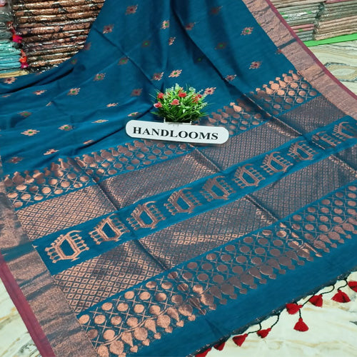 Dark Blue color cotton khadi zari mina buti saree - Sarikart Online