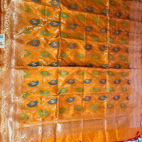 Saffron Banarasi Silk Handwoven Zari Buti Dupatta with Tassels - Sarikart Online