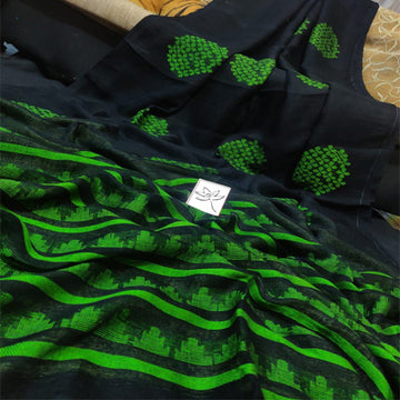 Black & green color linen saree
