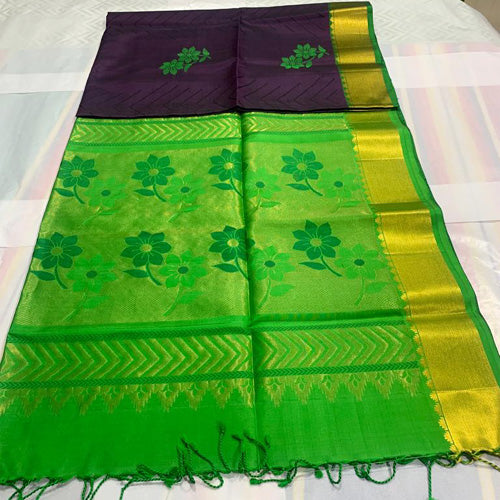 Soft Silk Saree  Navy Blue with Parrot Green Pallu - Sarikart Online