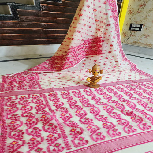 White Base with Pink colour jamdani work all over