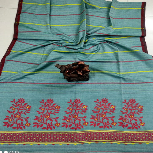 Blue colour pure masrised cotton jamdani sarees with bp