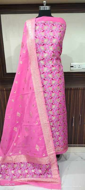 Pink base color with floral weaving unstiched mulberry benarasi cotton 3 pcs suit