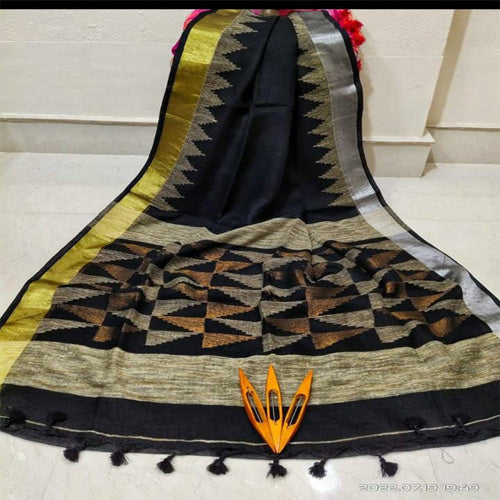 Black color pure linen karat par saree with bp