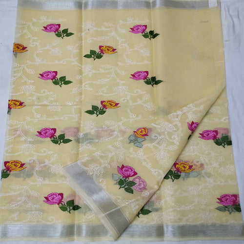 Light yellow color Kota doria embroidery saree