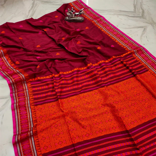 Maroon color khadi cotton jamdani saree with bp