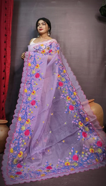 Purple color organza embroidery saree