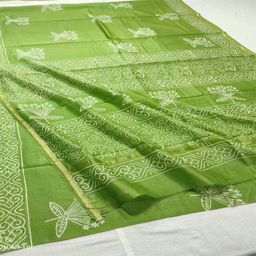 Parrot green color2 dabu print Chanderi cotton silk saree with hand block print