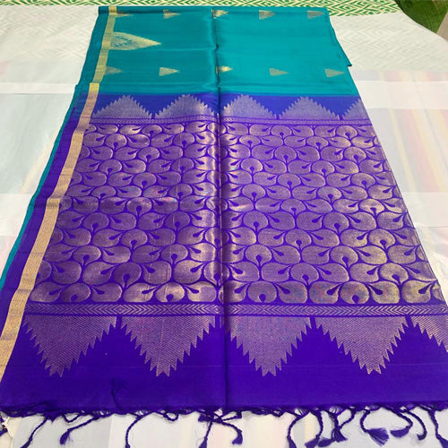 Soft Silk Saree  Blue with Purple & Golden Pallu