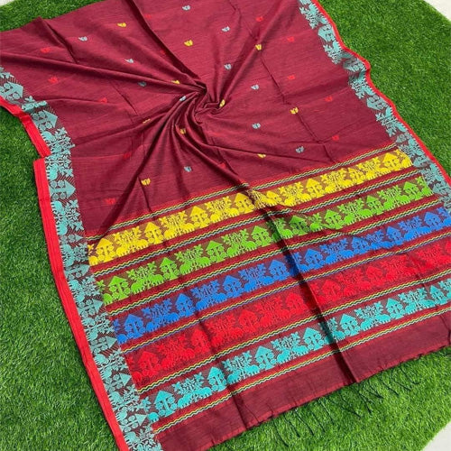 Maroon color Khadi handloom cotton saree - Sarikart Online