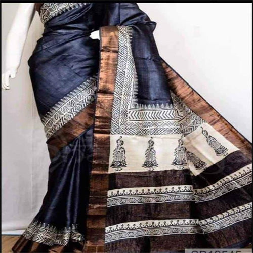 Navy blue body with coffee border tusar ghicha saree - Sarikart Online