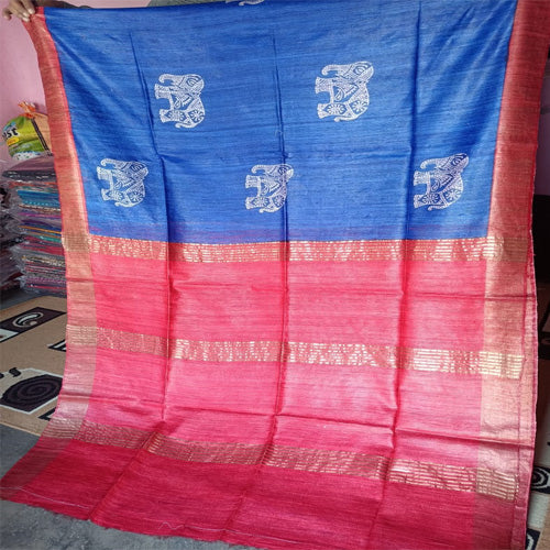 Blue body with pink border tusar ghicha saree - Sarikart Online