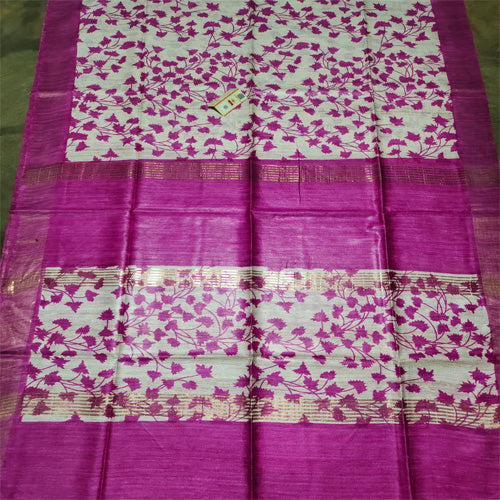 Cream body1 with pink border tusar ghicha saree - Sarikart Online