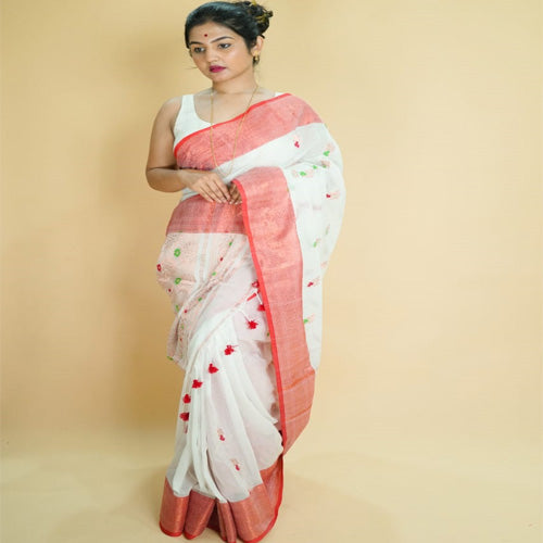 White color pure mercerized cotton saree with bp - Sarikart Online