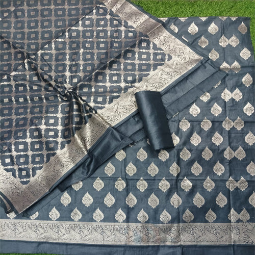 Grey color unstitched  banarasi cotton 3 pcs suit - Sarikart Online