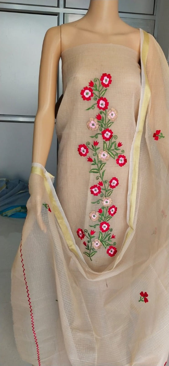 Beige Embroidered Kota doria suit