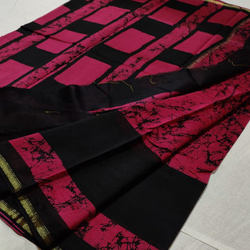 Magenta with Black Silk Cotton Batik Print Saree