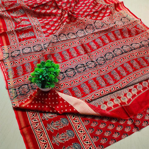 Red base ajrakh print Chanderi cotton silk saree