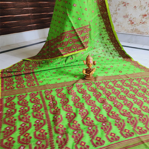 Parrot Green Base with Maroon colour jamdani work all over