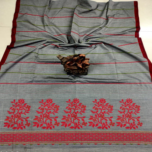 Drak grey color pure masrised cotton jamdani sarees with bp