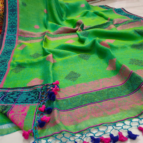 Parrot green color linen Jamdani