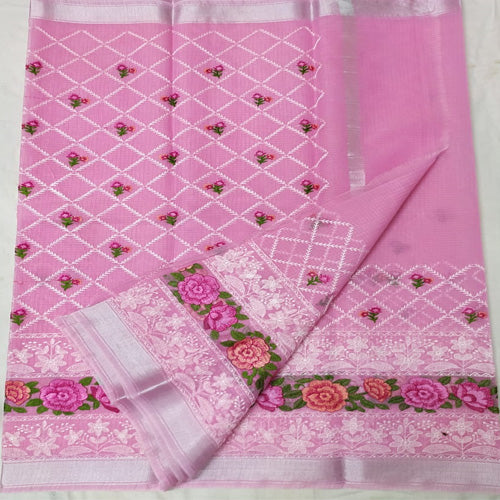 Pink colour Kota doria embroidery saree